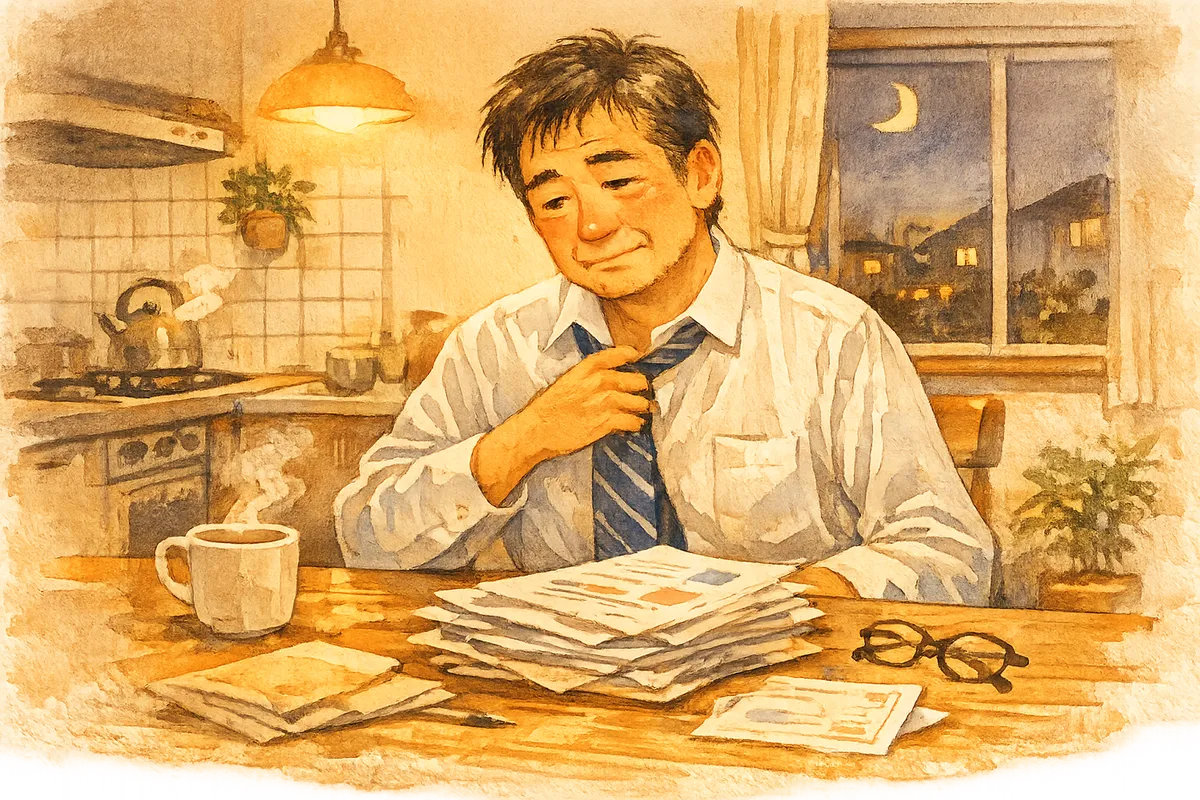 疲れたお父さんが回覧板の山を見ているイラスト
