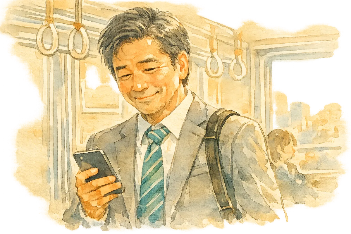 電車でスマホを確認する男性